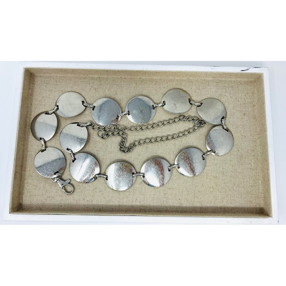 Vintage Silver Tone Textured Disc Chain Belt Adjustable Lobster Clasp Boho Y2K